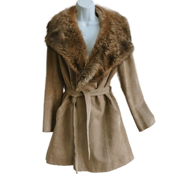 Vintage Jackets & Blazers - Vintage 70s Leather Hippie Coat Wide Fur Notched Collar Quilted Lining Belt M